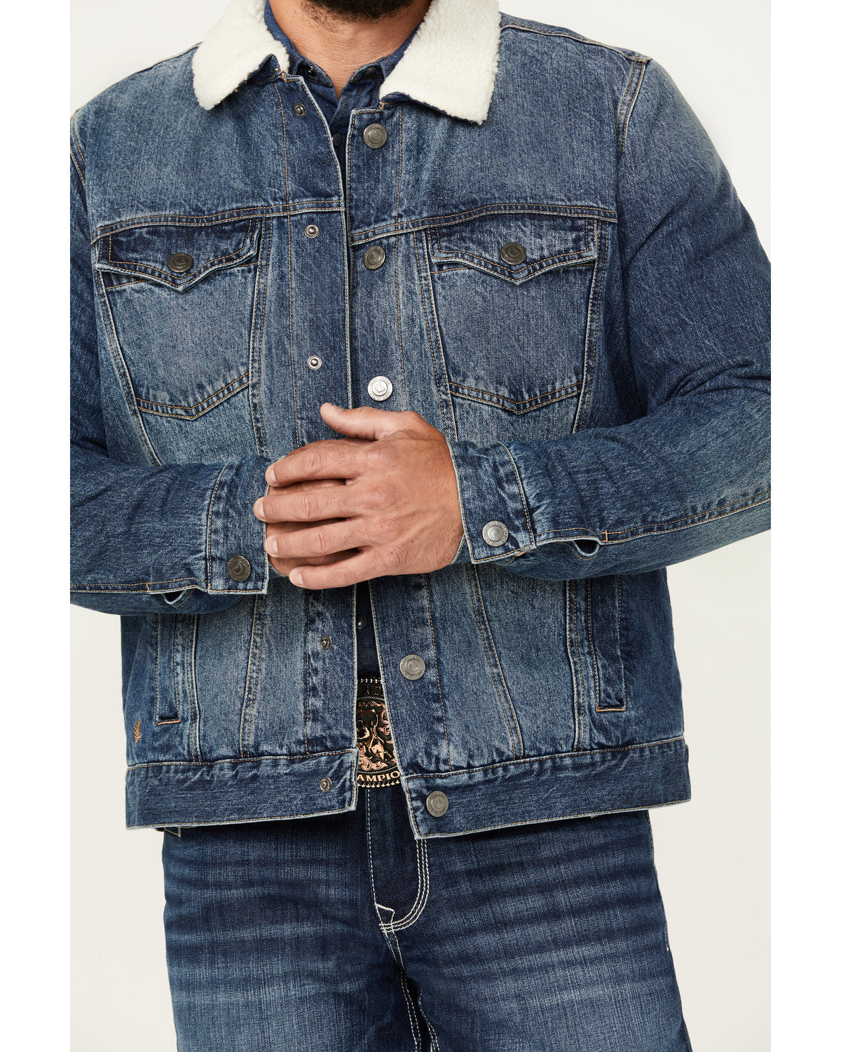 Men's Medium Wash Snap Sherpa Denim Jacket Medium Wash