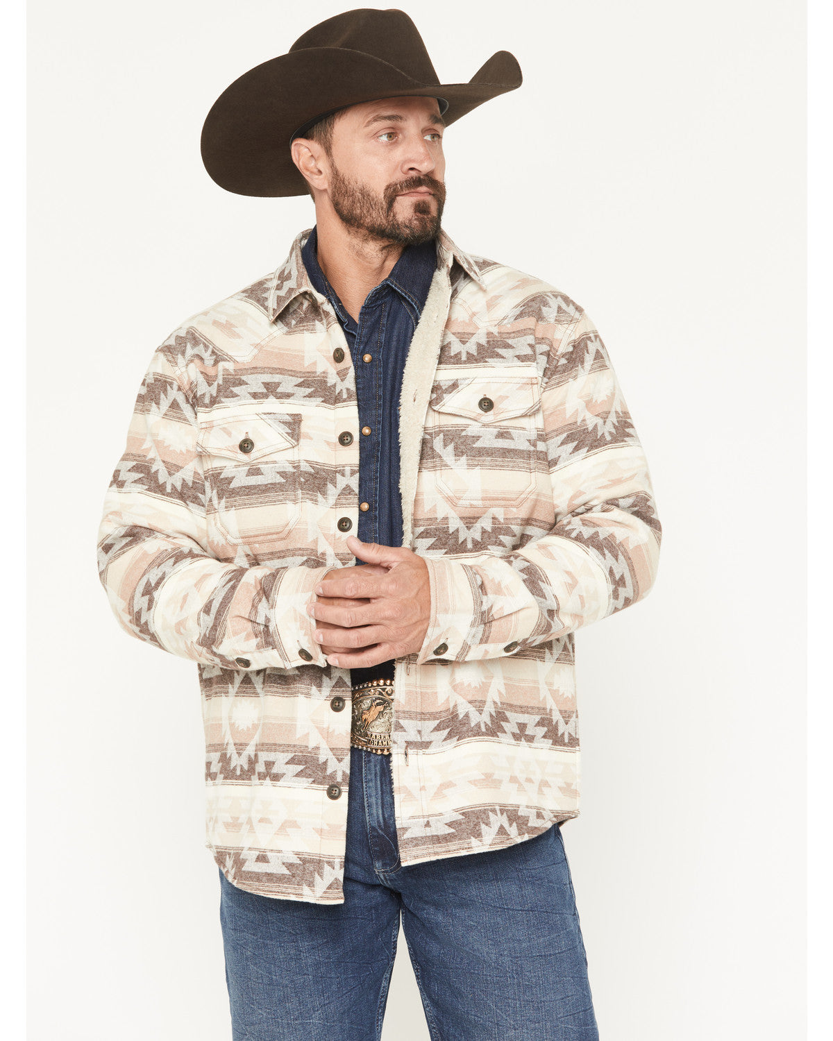 Men's Emmons Sherpa Lined Southwestern Striped Flannel Shir Tan