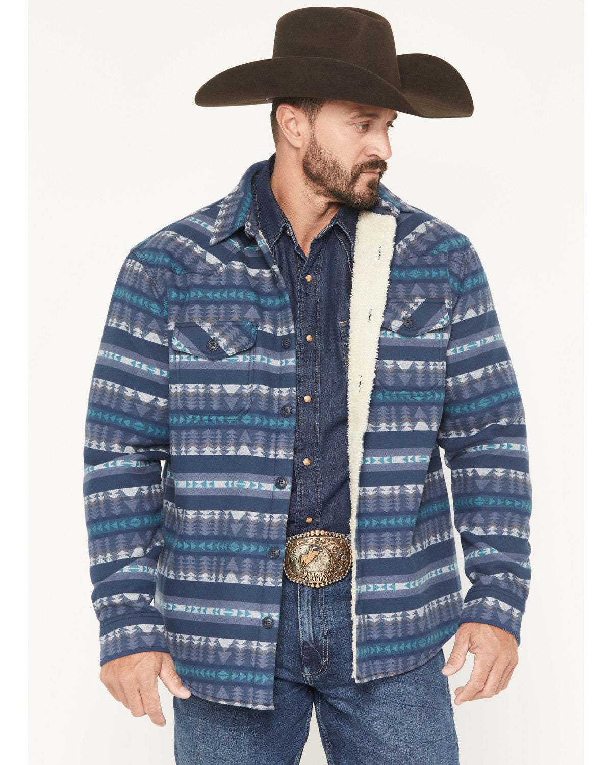 Men's Benton Sherpa Lined Southwestern Print Flannel Shirt Blue