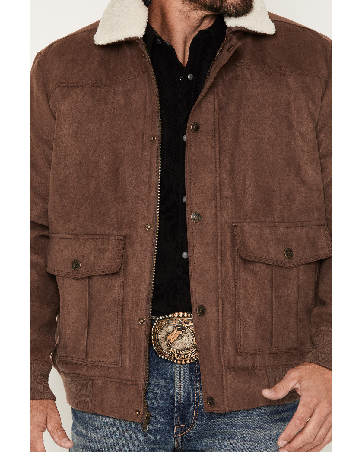 Men's Edward Faux Suede Snap Sherpa Bomber Jacket Dark Brown