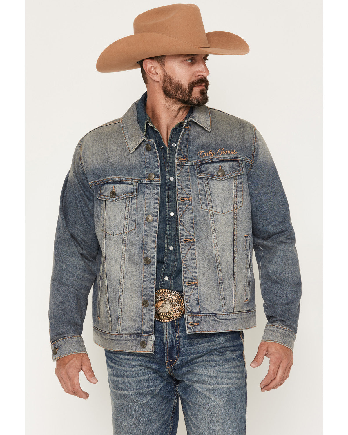Men's Medium Wash Americana Patch Button-Down Stretch Denim Medium Wash