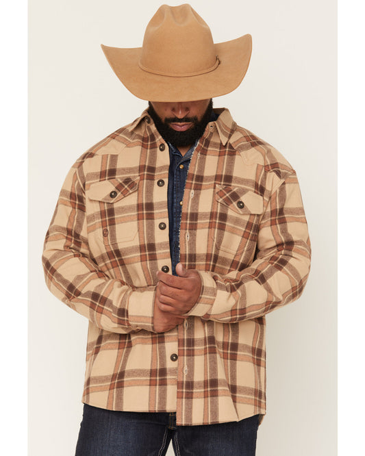Men's Hombre Plaid Print Sherpa Lined Shirt Jacket Tan