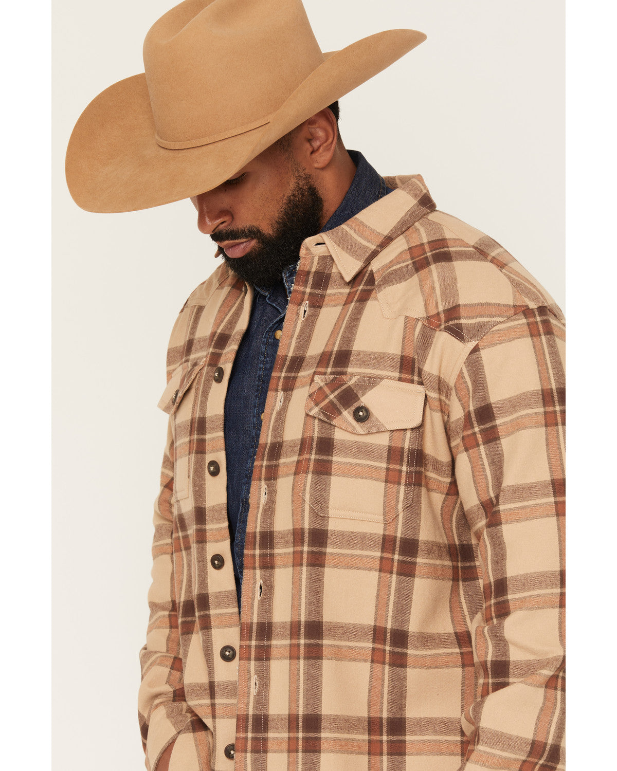 Men's Hombre Plaid Print Sherpa Lined Shirt Jacket Tan