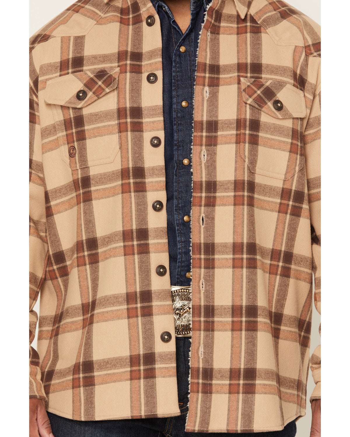 Men's Hombre Plaid Print Sherpa Lined Shirt Jacket Tan