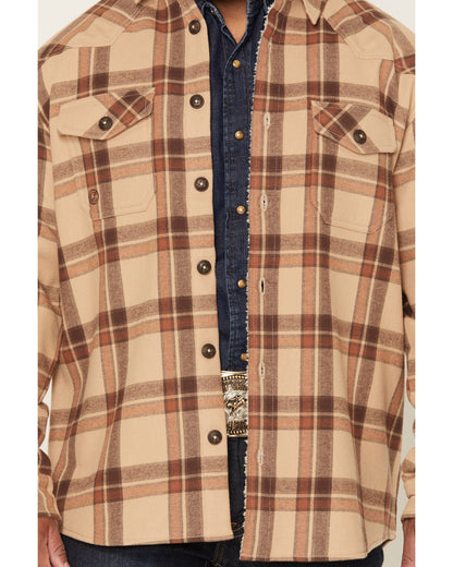 Men's Hombre Plaid Print Sherpa Lined Shirt Jacket Tan