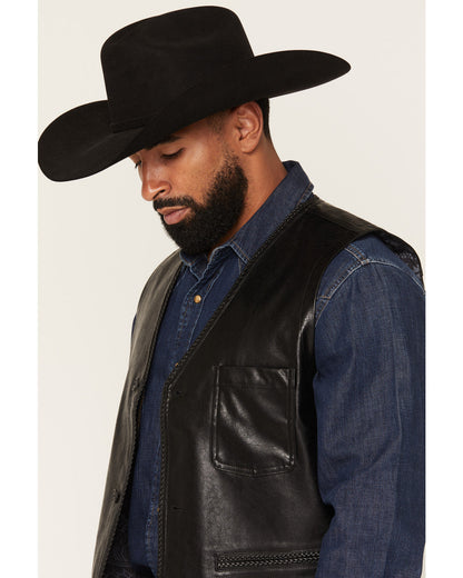 Men's Hogan Faux Leather Braided Trim Button-Down Vest Black