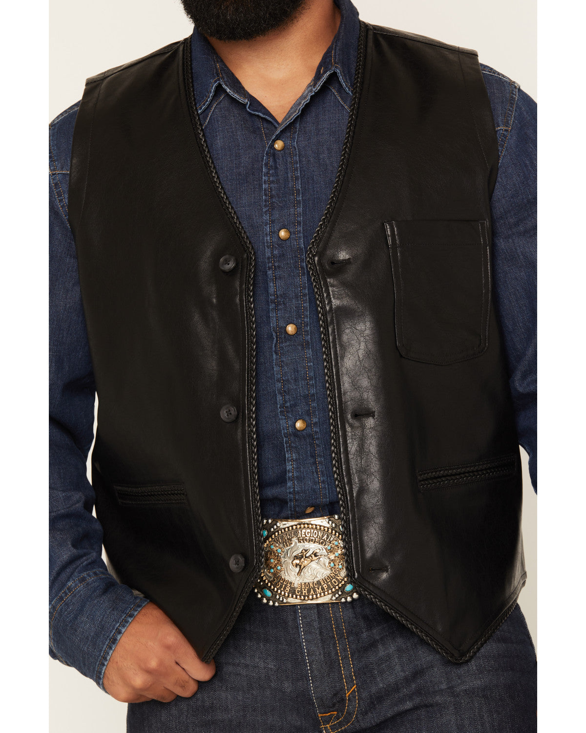 Men's Hogan Faux Leather Braided Trim Button-Down Vest Black