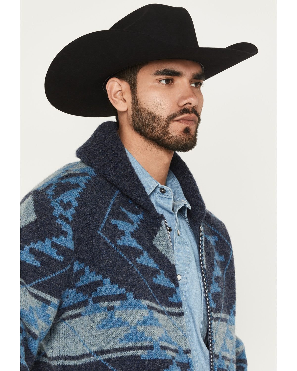 Men's Carson Southwestern Print Full Zip Wool Sweater Navy