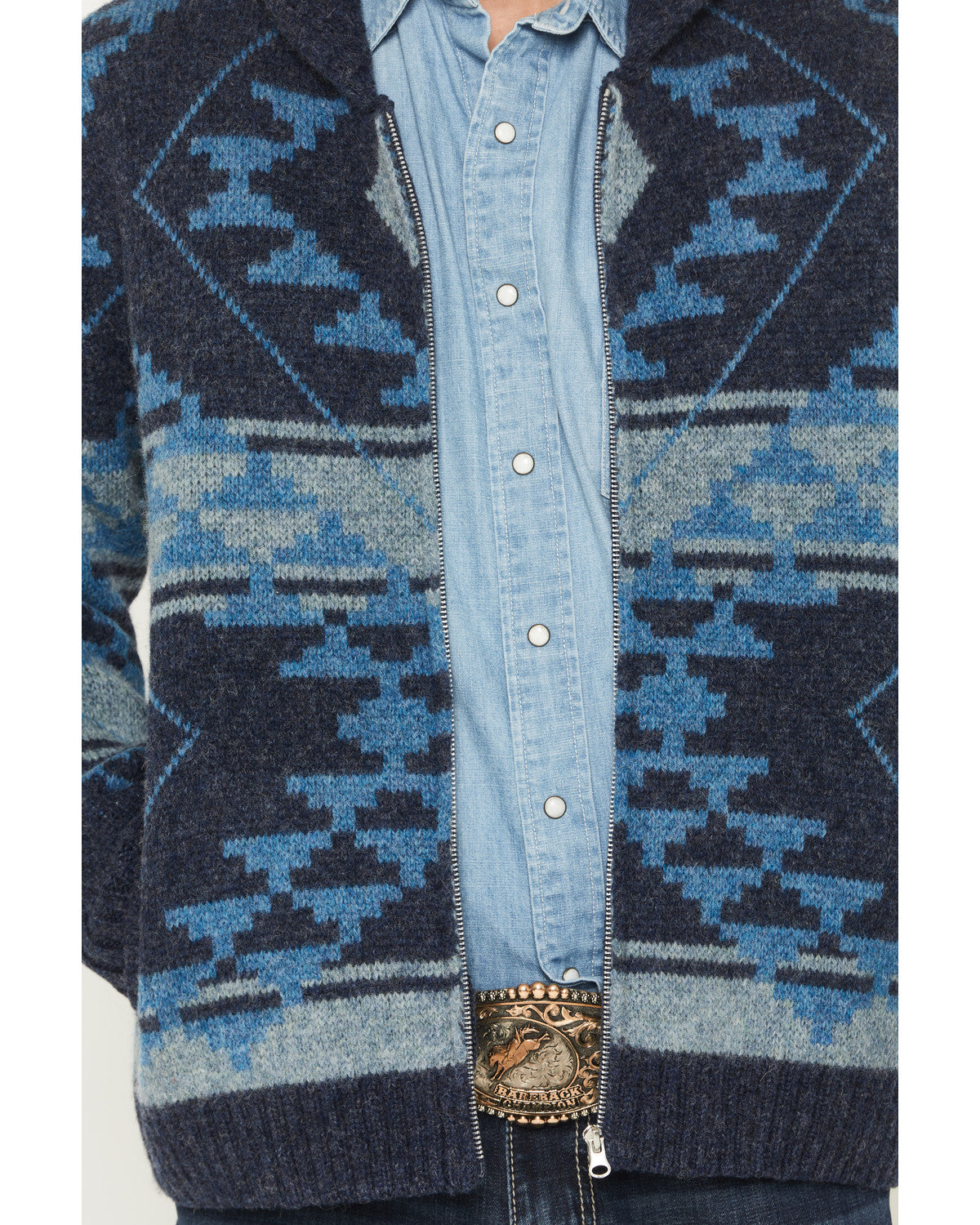 Men's Carson Southwestern Print Full Zip Wool Sweater Navy