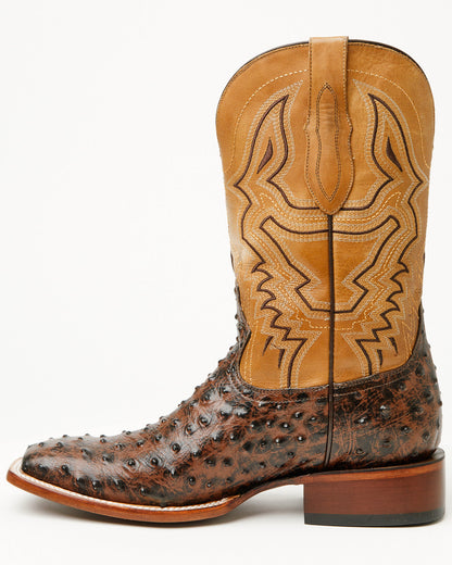 Men's Badlands Ostrich Print Western Boots - Broad Square T Brown