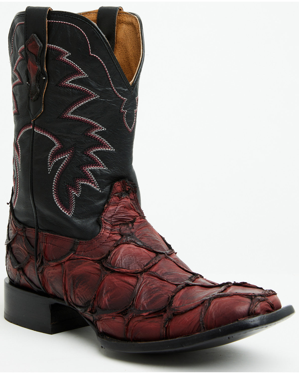 Men's Exotic Pirarucu Western Boots - Broad Square Toe Black Cherry