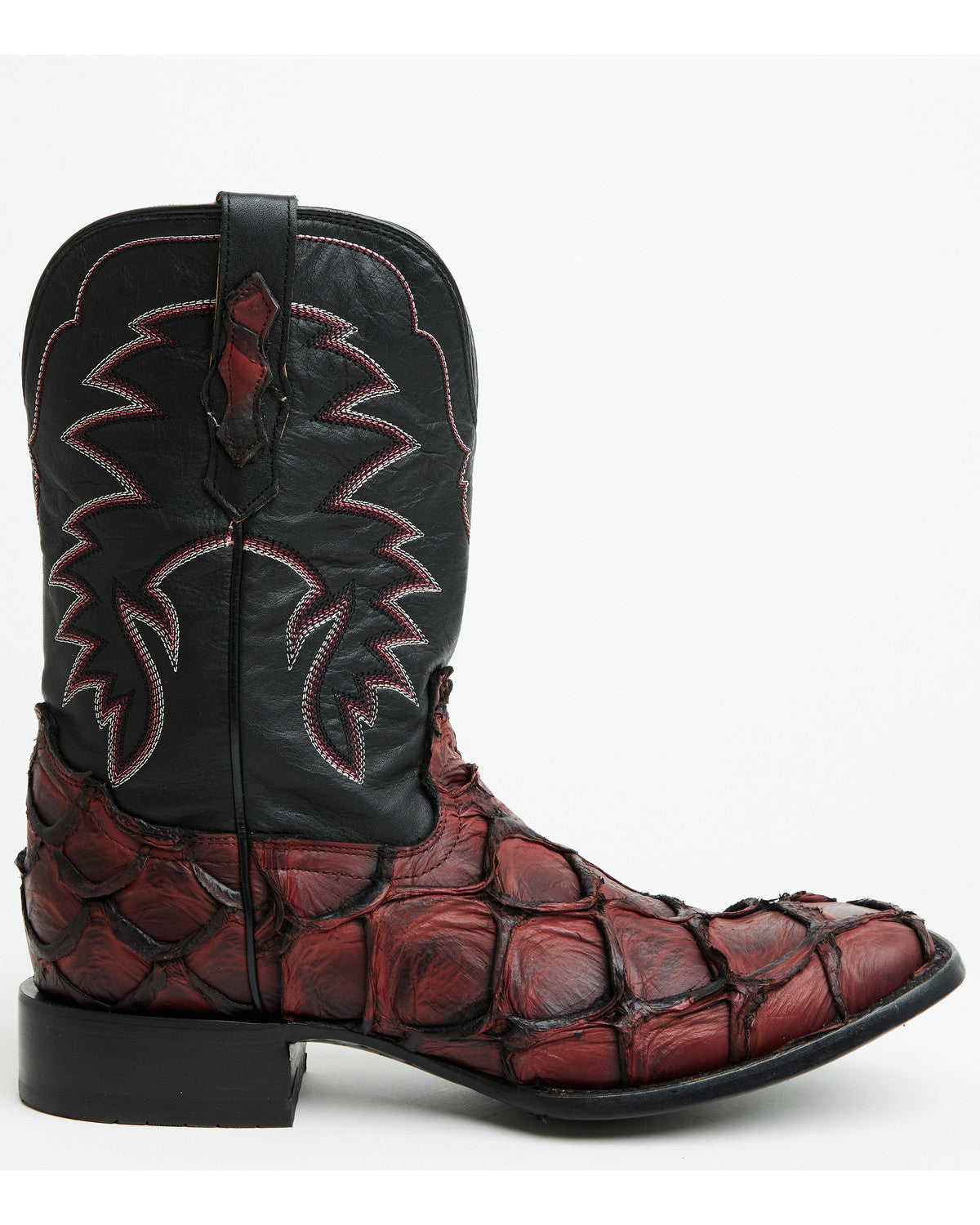 Men's Exotic Pirarucu Western Boots - Broad Square Toe Black Cherry
