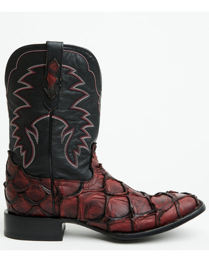 Men's Exotic Pirarucu Western Boots - Broad Square Toe Black Cherry