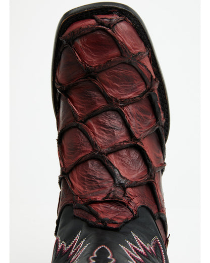 Men's Exotic Pirarucu Western Boots - Broad Square Toe Black Cherry