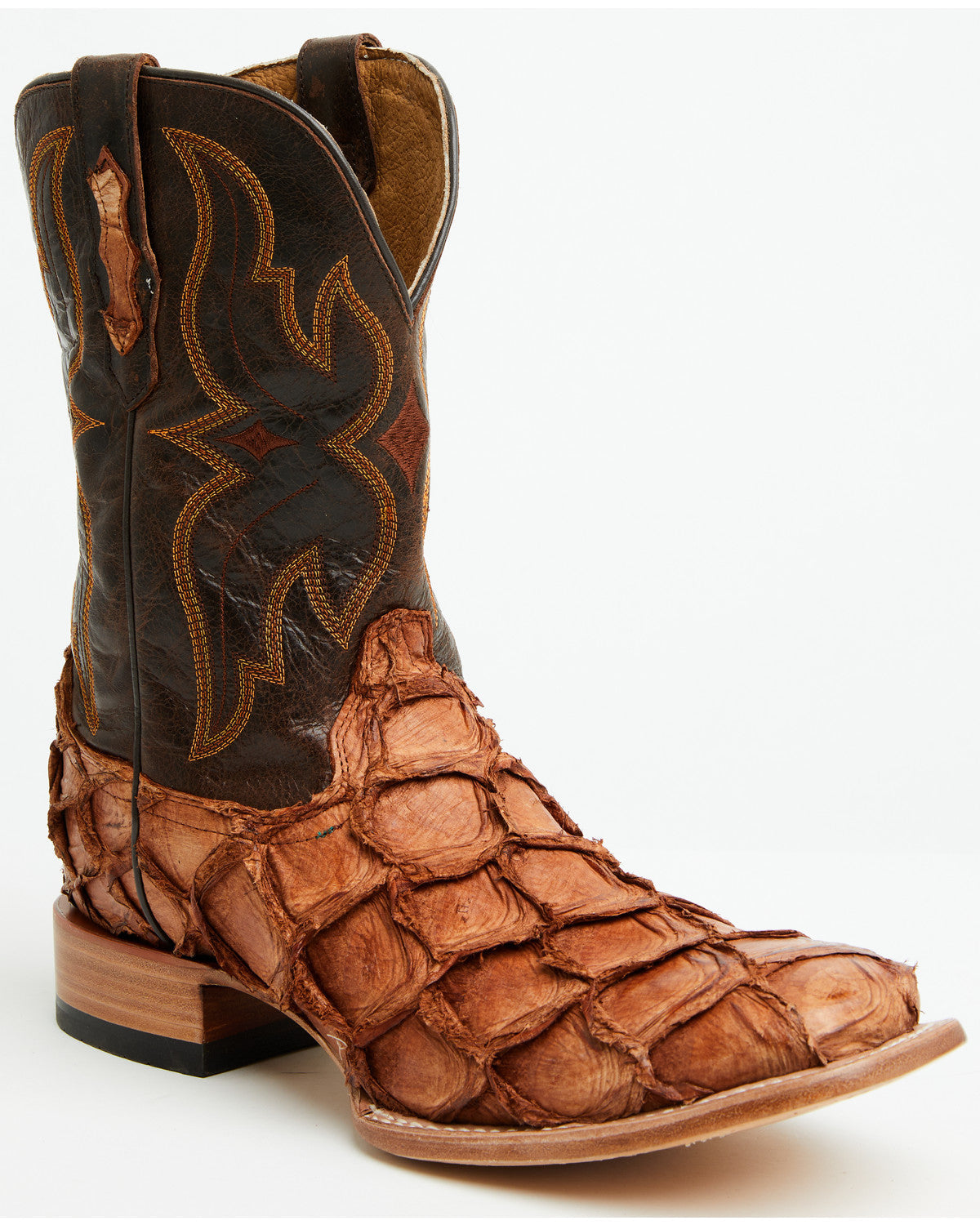 Men's Exotic Pirarucu Western Boots - Broad Square Toe Brandy Brown