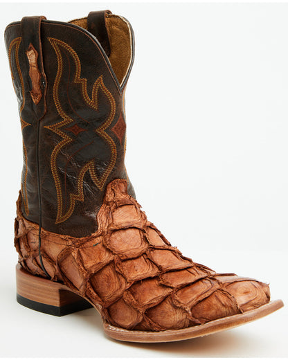 Men's Exotic Pirarucu Western Boots - Broad Square Toe Brandy Brown