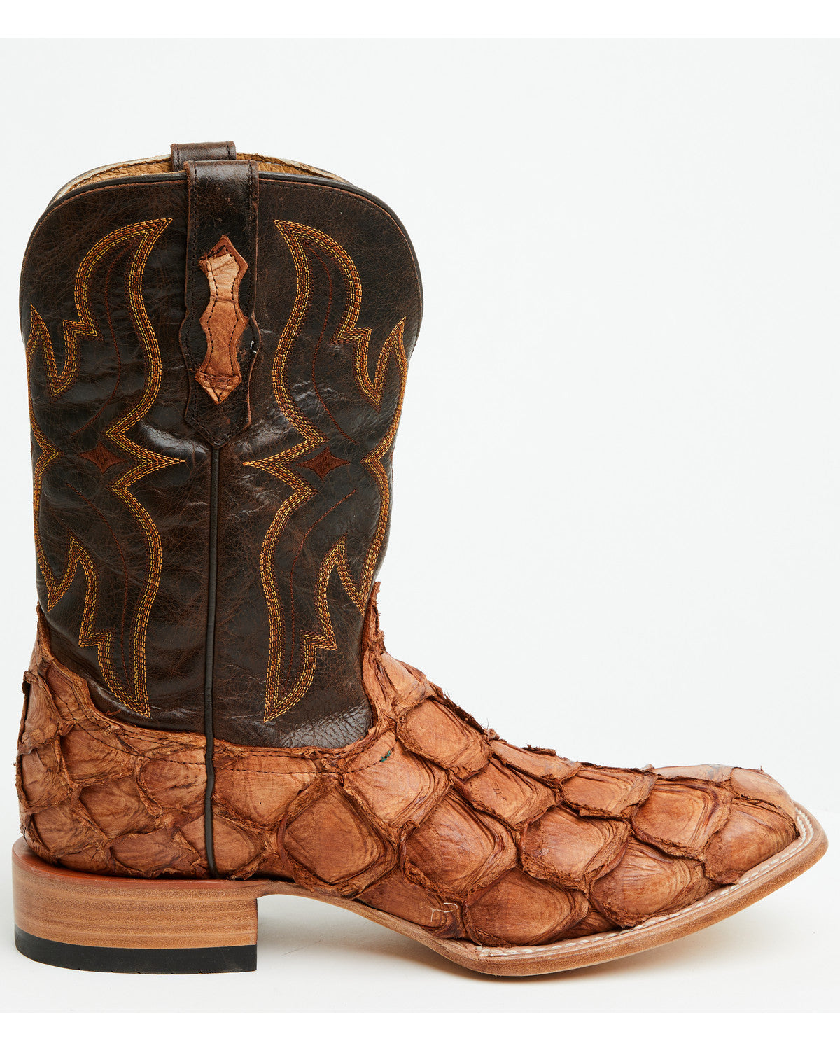 Men's Exotic Pirarucu Western Boots - Broad Square Toe Brandy Brown