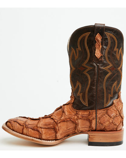 Men's Exotic Pirarucu Western Boots - Broad Square Toe Brandy Brown