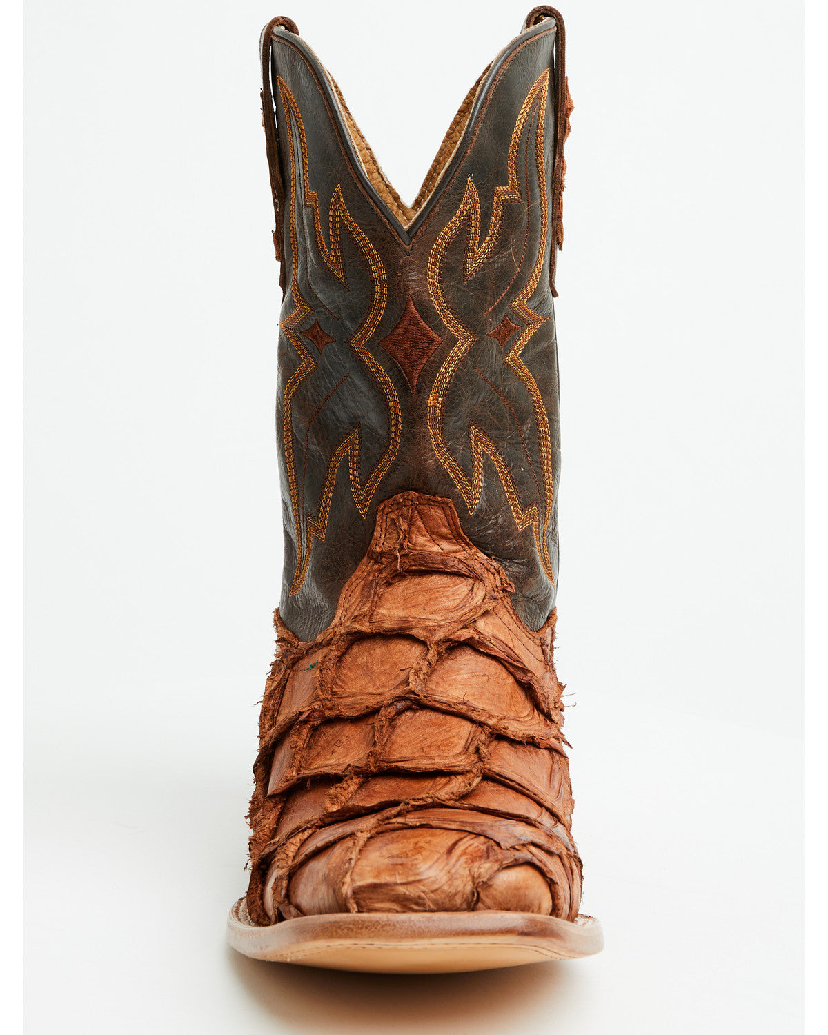 Men's Exotic Pirarucu Western Boots - Broad Square Toe Brandy Brown