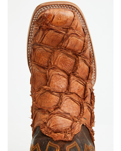 Men's Exotic Pirarucu Western Boots - Broad Square Toe Brandy Brown