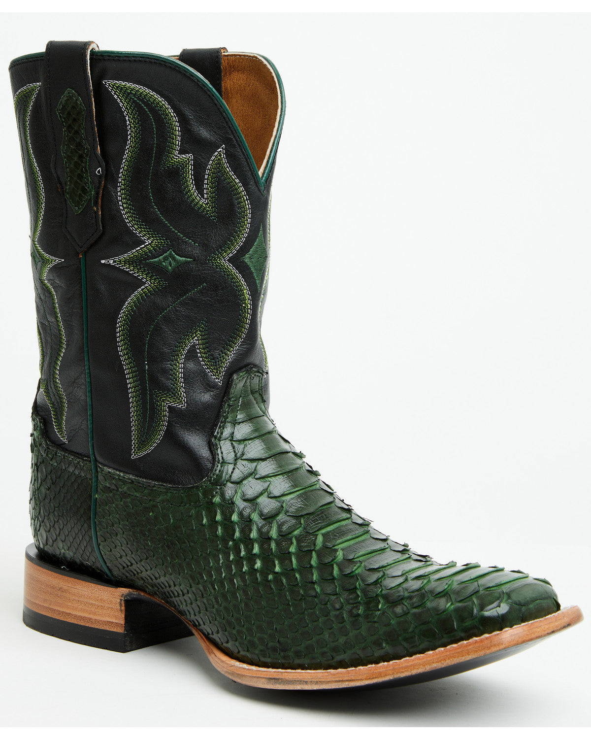 Men's Exotic Python Western Boots - Broad Square Toe Green