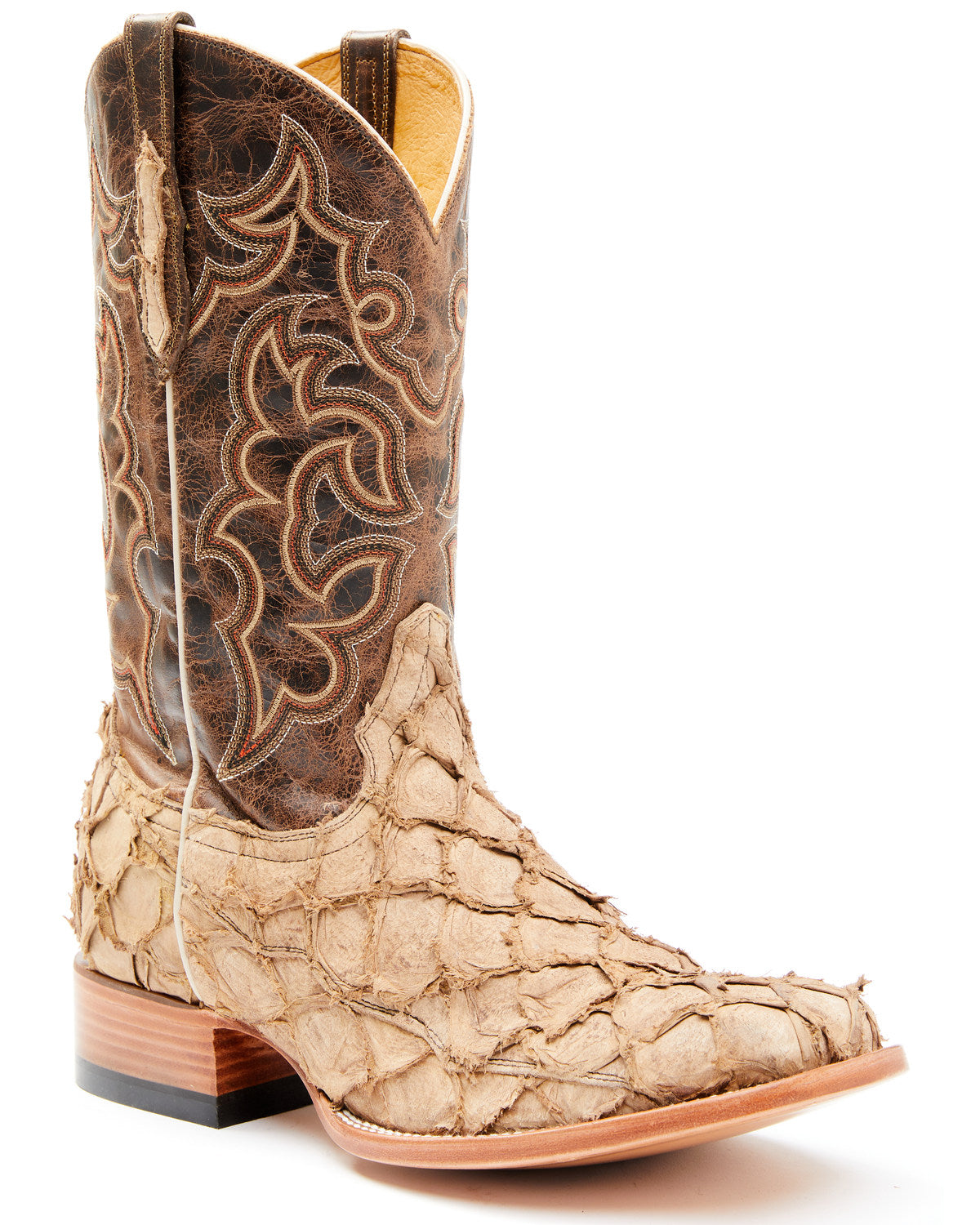 Men's Exotic Pirarucu Western Boots - Broad Square Toe Tan