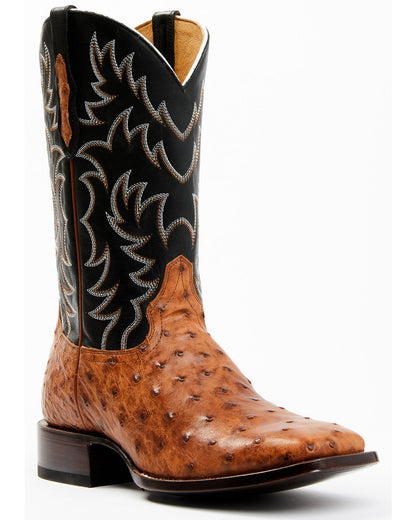 Men's Full Quill Cognac Ostrich Exotic Western Boots - Broa Black
