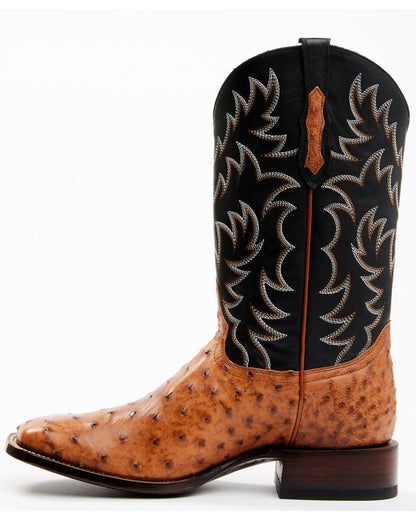 Men's Full Quill Cognac Ostrich Exotic Western Boots - Broa Black