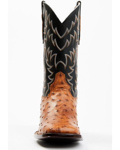 Men's Full Quill Cognac Ostrich Exotic Western Boots - Broa Black