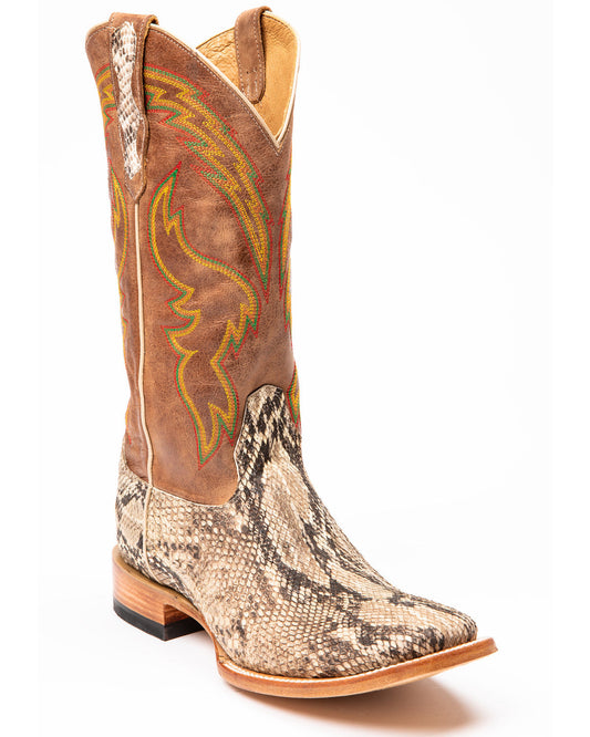 Men's Exotic Python Western Boots - Broad Square Toe Brown