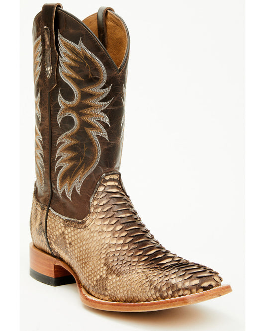 Men's Exotic Python Western Boots - Broad Square Toe Dark Brown