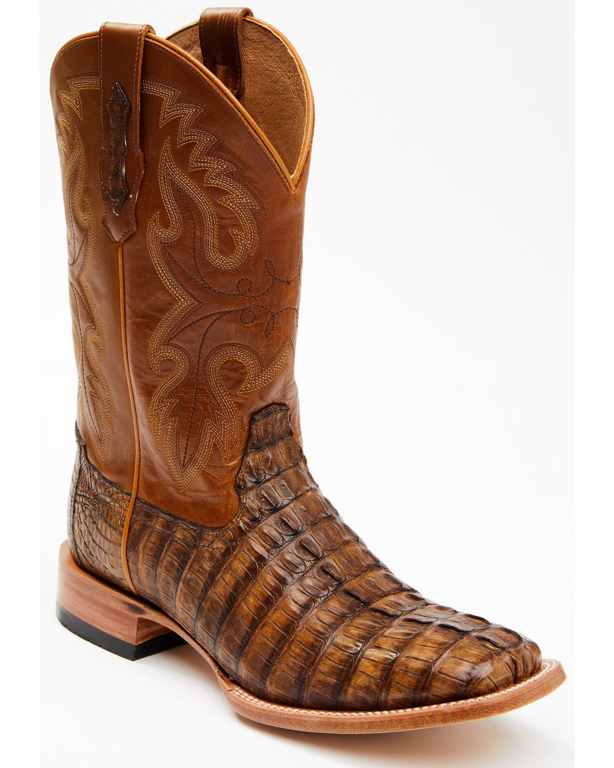 Men's Exotic Caiman Tail Skin Western Boots - Broad Square Brown