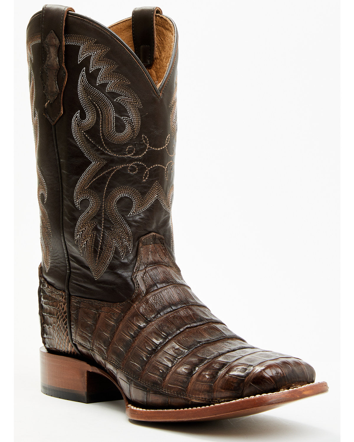 Men's Exotic Caiman Tail Skin Western Boots - Broad Square Dark Brown