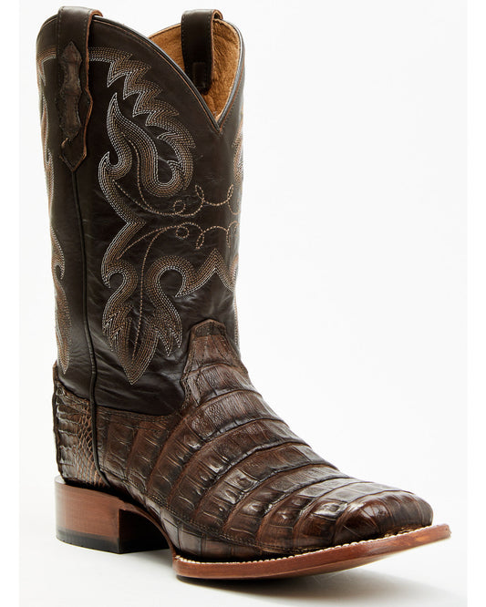 Men's Exotic Caiman Tail Skin Western Boots - Broad Square Dark Brown