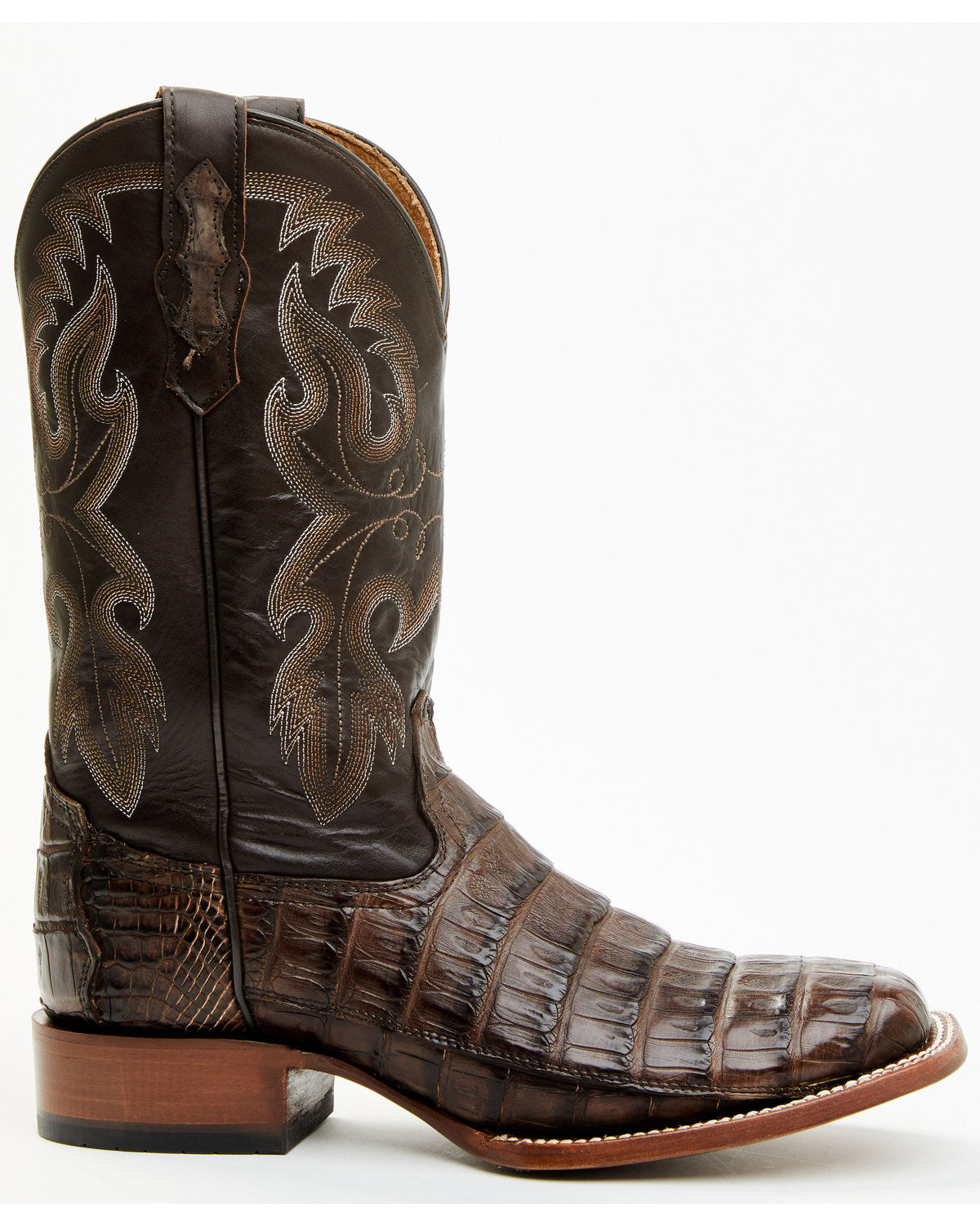 Men's Exotic Caiman Tail Skin Western Boots - Broad Square Dark Brown