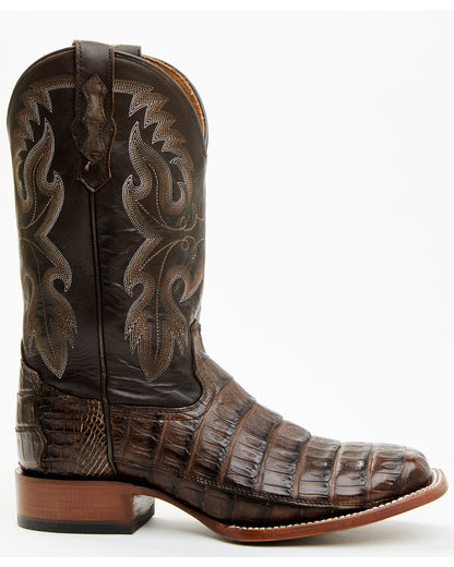 Men's Exotic Caiman Tail Skin Western Boots - Broad Square Dark Brown