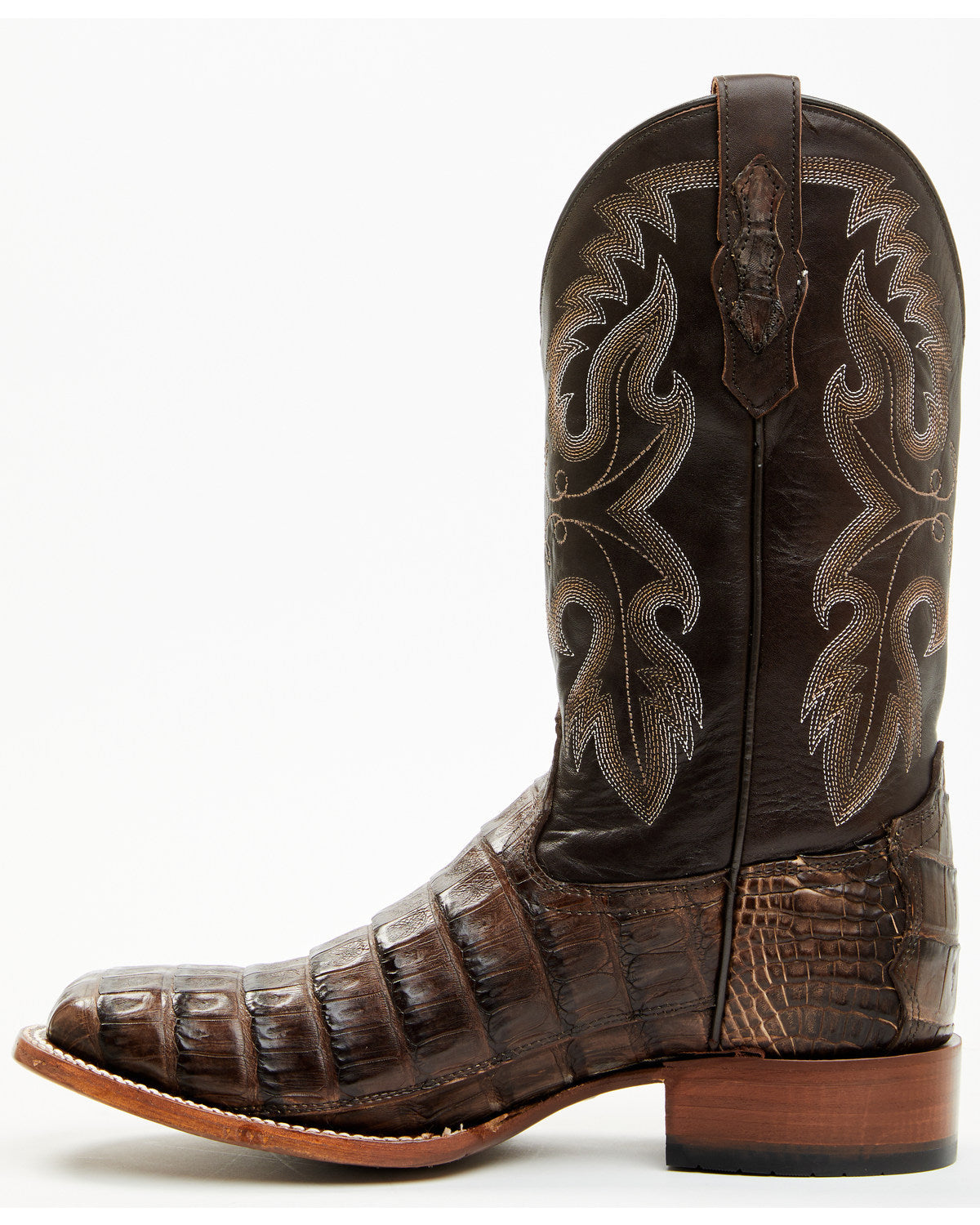 Men's Exotic Caiman Tail Skin Western Boots - Broad Square Dark Brown