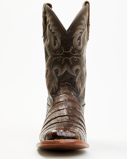Men's Exotic Caiman Tail Skin Western Boots - Broad Square Dark Brown