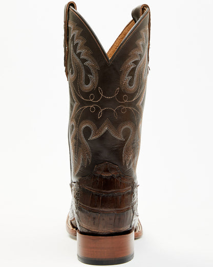 Men's Exotic Caiman Tail Skin Western Boots - Broad Square Dark Brown
