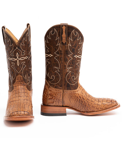Men's Burnished Caiman Exotic Boots - Broad Square Toe Brown