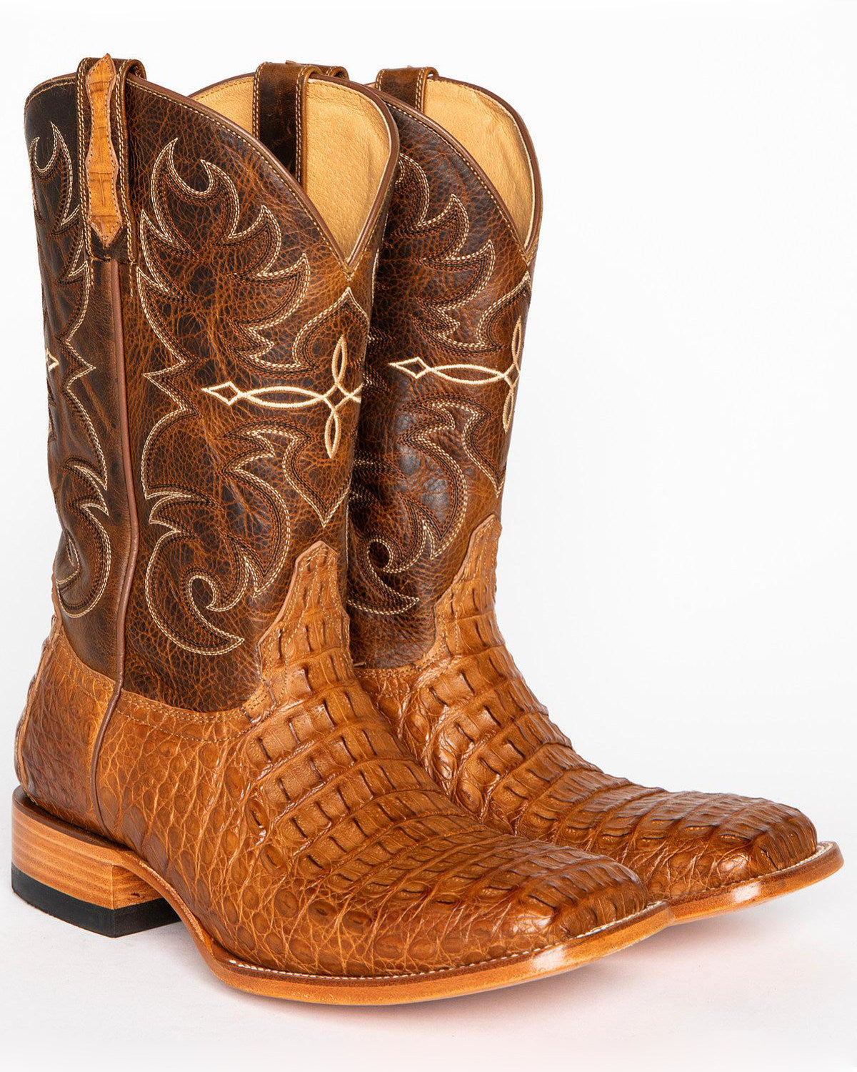 Men's Burnished Caiman Exotic Boots - Broad Square Toe Brown