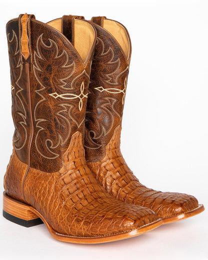 Men's Burnished Caiman Exotic Boots - Broad Square Toe Brown