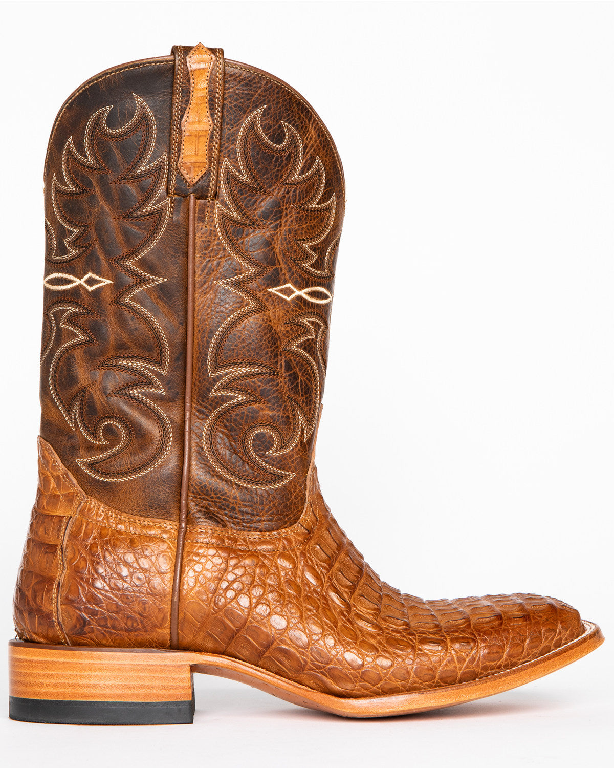 Men's Burnished Caiman Exotic Boots - Broad Square Toe Brown