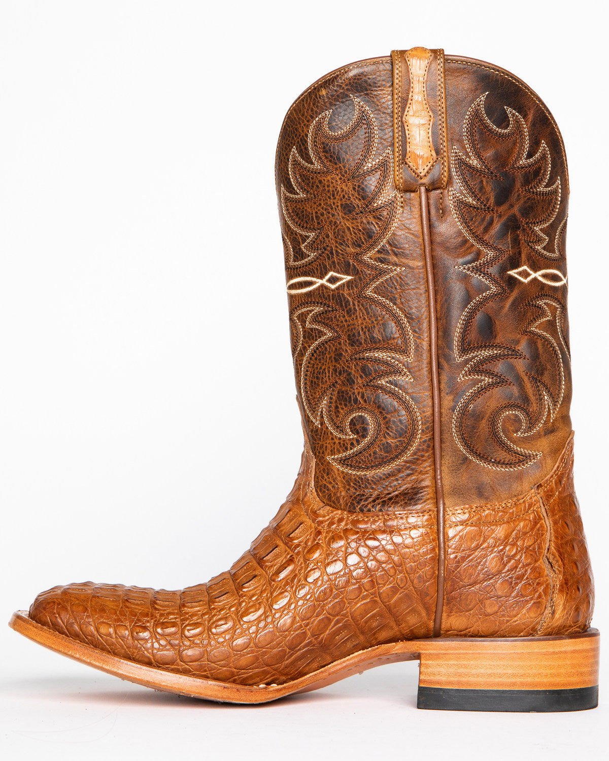 Men's Burnished Caiman Exotic Boots - Broad Square Toe Brown