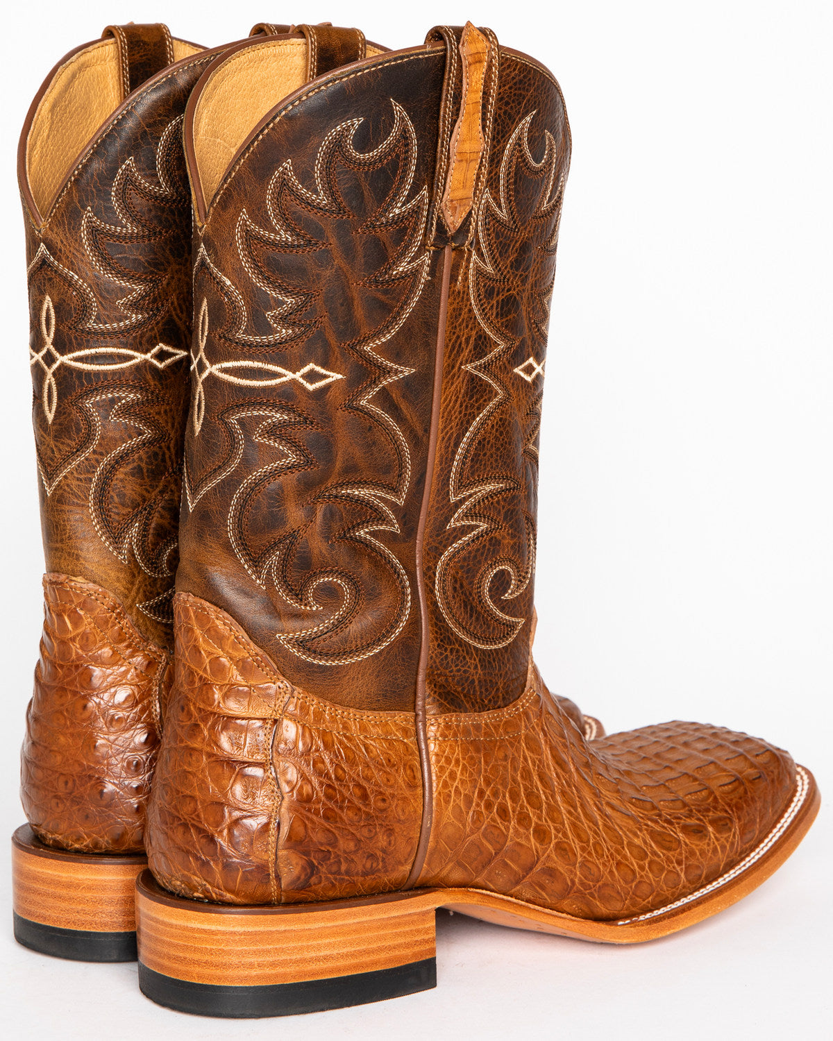 Men's Burnished Caiman Exotic Boots - Broad Square Toe Brown