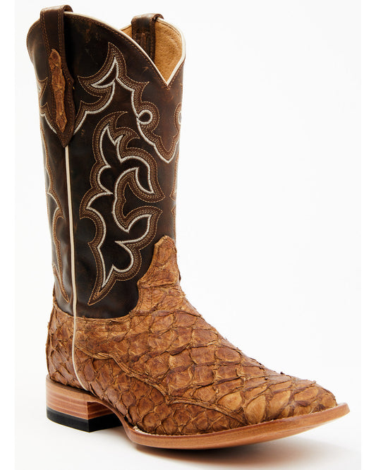 Men's Exotic Pirarucu Skin Western Boots - Broad Square Toe Brown