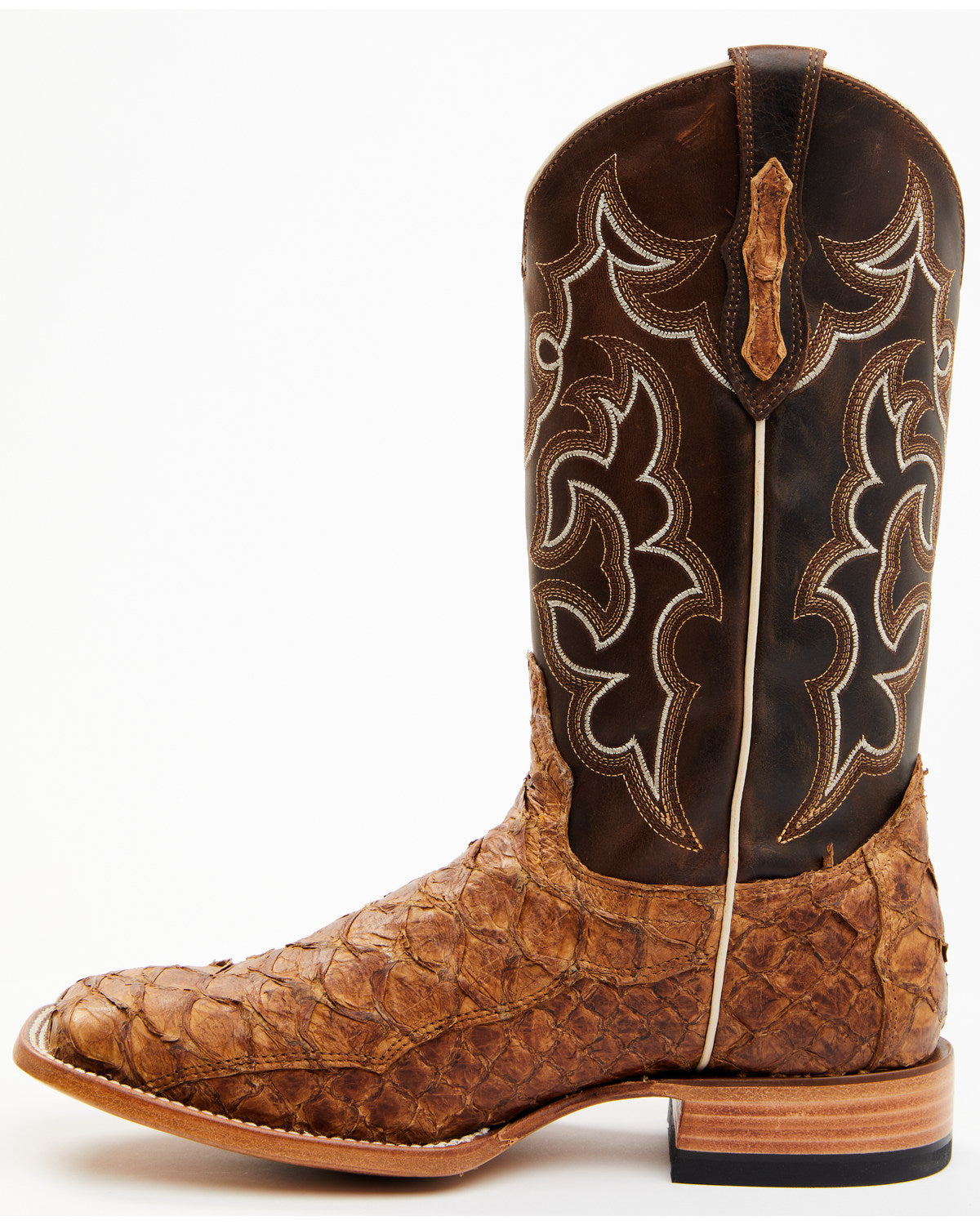 Men's Exotic Pirarucu Skin Western Boots - Broad Square Toe Brown
