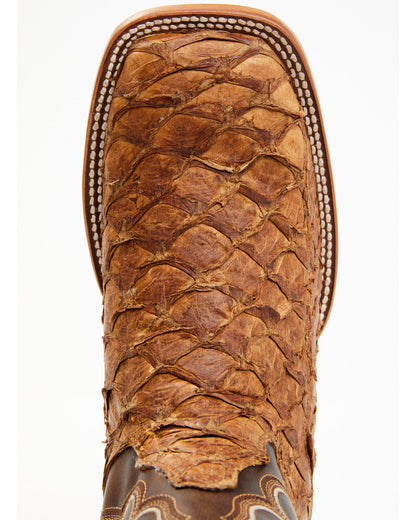 Men's Exotic Pirarucu Skin Western Boots - Broad Square Toe Brown
