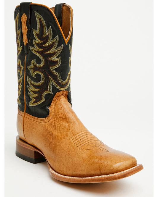 Men's Exotic Ostrich Western Boots - Broad Square Toe Brandy Brown