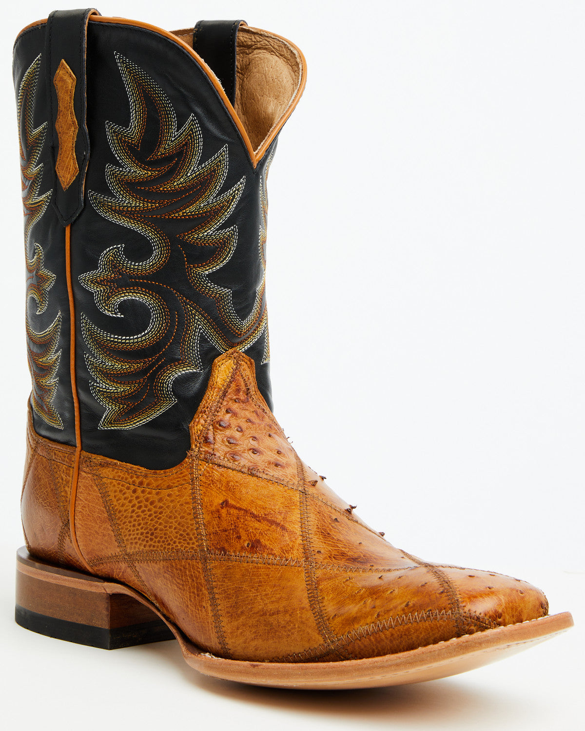 Men's Exotic Ostrich Patchwork Western Boots - Broad Square Tan